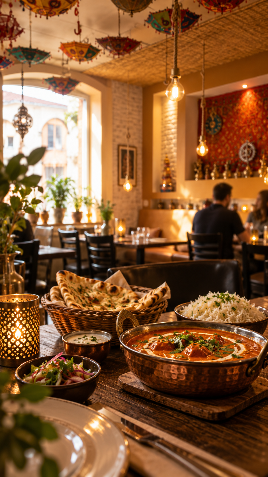 Varm restauranginteriör med indiska rätter på dukat bord